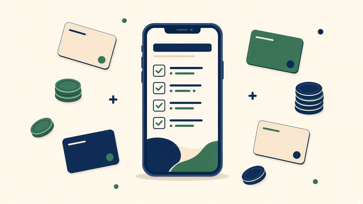 Illustration of a phone with survey checklist, reward points and coins for survey and reward apps