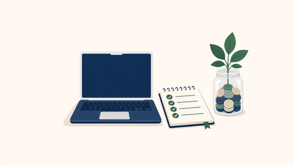 Illustration of a desk with laptop, checklist and coin jar for side hustles