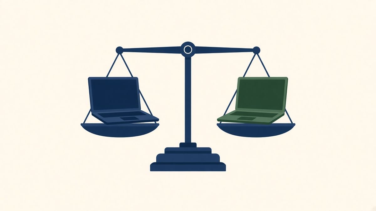 Illustration of a balance scale with a blue laptop on the left pan and a green laptop on the right pan, representing a comparison of Upwork and Fiverr